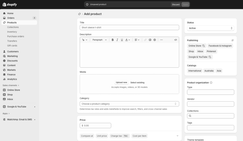 shopify create product dashboard